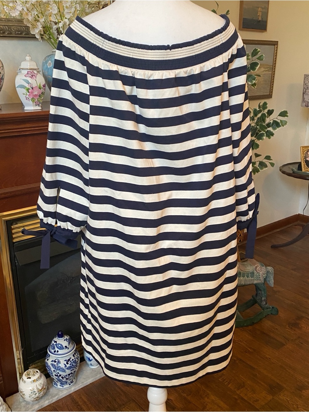 J.Crew • Navy Stripe Off Shoulder Dress • Nautical Coastal Preppy Cotton • XL - Picture 5 of 7